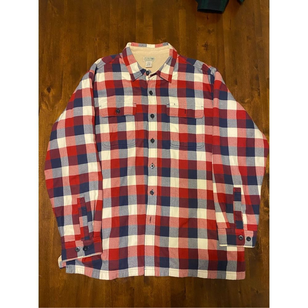 LL Bean Fleece Lined Flannel Shirt Mens XL Regular Watch Plaid Cotton Shacket